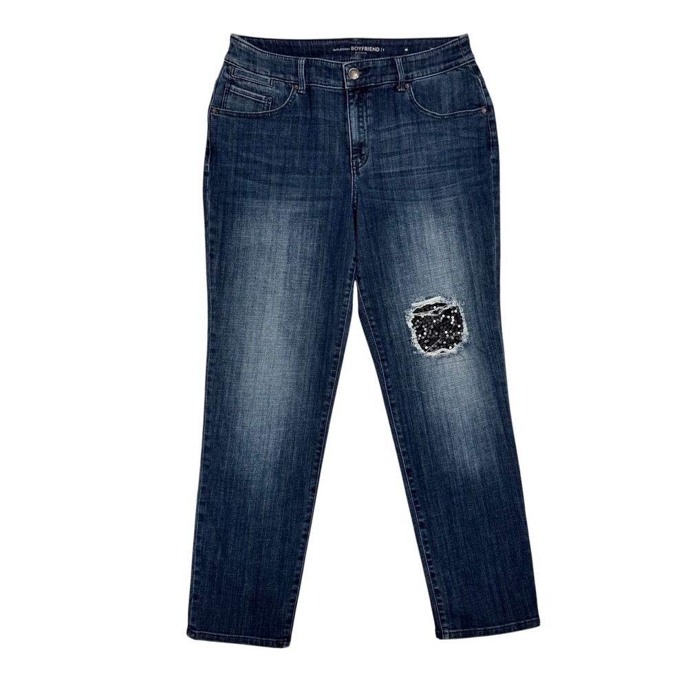 Chico's Platinum Boyfriend Jeans 1 Sz 8 Patchwork Sequin Dark Wash Stretch Denim